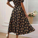 Women’s Floral Sweetheart Midi Dress – Puff Sleeve Slit Summer Dress