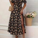 Women’s Floral Sweetheart Midi Dress – Puff Sleeve Slit Summer Dress