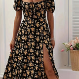 Women’s Floral Sweetheart Midi Dress – Puff Sleeve Slit Summer Dress