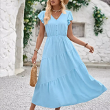 Women’s Flutter Sleeve Tiered Midi Dress – Lightweight Summer Casual Dress