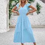 Women’s Flutter Sleeve Tiered Midi Dress – Lightweight Summer Casual Dress