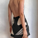 Women’s Halter Neck Backless Mini Dress – Abstract Print Wrap Design