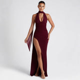Women’s Halter Neck Evening Gown – High Slit Backless Maxi Dress