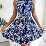 Women’s Halter Neck Floral Mini Dress – Sleeveless A-Line Summer Outfit