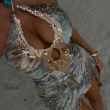 Women’s Halter Neck Mini Dress – Sequin Detail & Ruched Mesh Skirt