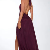 Women’s Halter Ruched Maxi Dress – Elegant Open Back Evening Gown with High Slit