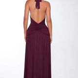 Women’s Halter Ruched Maxi Dress – Elegant Open Back Evening Gown with High Slit