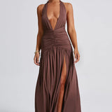 Women’s Halter Ruched Maxi Dress – Elegant Open Back Evening Gown with High Slit