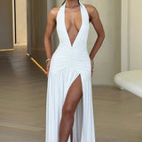 Women’s Halter Ruched Maxi Dress – Elegant Open Back Evening Gown with High Slit