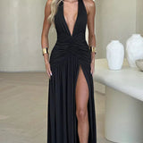 Women’s Halter Ruched Maxi Dress – Elegant Open Back Evening Gown with High Slit
