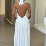 Women’s Halter Ruched Maxi Dress – Elegant Open Back Evening Gown with High Slit