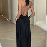 Women’s Halter Ruched Maxi Dress – Elegant Open Back Evening Gown with High Slit