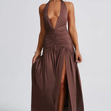 Women’s Halter Ruched Maxi Dress – Elegant Open Back Evening Gown with High Slit