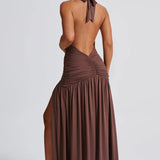 Women’s Halter Ruched Maxi Dress – Elegant Open Back Evening Gown with High Slit