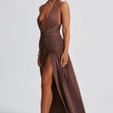 Women’s Halter Ruched Maxi Dress – Elegant Open Back Evening Gown with High Slit