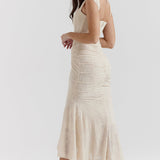 Women’s Lace Corset Maxi Dress – Sleeveless Ruched Hem Evening Gown