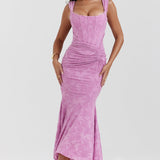 Women’s Lace Corset Maxi Dress – Sleeveless Ruched Hem Evening Gown