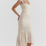 Women’s Lace Corset Maxi Dress – Sleeveless Ruched Hem Evening Gown