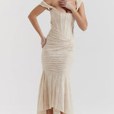 Women’s Lace Corset Maxi Dress – Sleeveless Ruched Hem Evening Gown