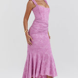 Women’s Lace Corset Maxi Dress – Sleeveless Ruched Hem Evening Gown