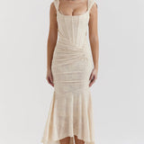 Women’s Lace Corset Maxi Dress – Ruched Bodycon with High-Low Hem