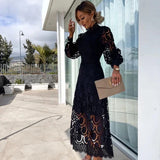 Women’s Lace Midi Dress – Long Sleeve High Neck Elegant Cocktail Outfit