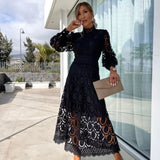 Women’s Lace Midi Dress – Long Sleeve High Neck Elegant Cocktail Outfit