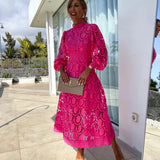 Women’s Lace Midi Dress – Long Sleeve High Neck Elegant Cocktail Outfit