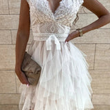 Women’s Lace Tulle Cocktail Dress – V Neck Tiered Ruffle Party Dress