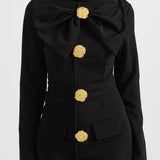 Women’s Long Sleeve Midi Dress – Gold Button Detail with Statement Bow