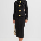 Women’s Long Sleeve Midi Dress – Gold Button Detail with Statement Bow