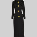 Women’s Long Sleeve Midi Dress – Gold Button Detail with Statement Bow