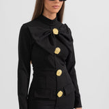 Women’s Long Sleeve Midi Dress – Gold Button Detail with Statement Bow