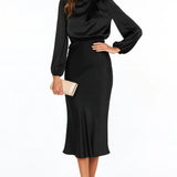 Women’s Long Sleeve Satin Midi Dress – High Neck Elegant Evening Dress