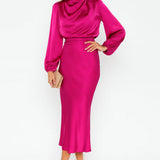 Women’s Long Sleeve Satin Midi Dress – High Neck Elegant Evening Dress