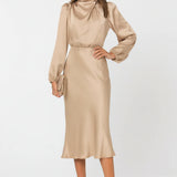 Women’s Long Sleeve Satin Midi Dress – High Neck Elegant Evening Dress
