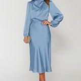 Women’s Long Sleeve Satin Midi Dress – High Neck Elegant Evening Dress