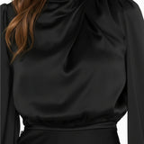Women’s Long Sleeve Satin Midi Dress – High Neck Elegant Evening Dress