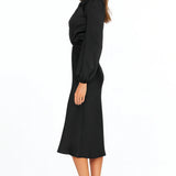 Women’s Long Sleeve Satin Midi Dress – High Neck Elegant Evening Dress