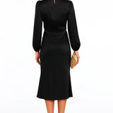 Women’s Long Sleeve Satin Midi Dress – High Neck Elegant Evening Dress