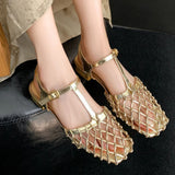 Women’s Mesh T-Strap Flat Sandals – Hollow Out Buckle Design