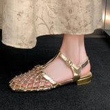 Women’s Mesh T-Strap Flat Sandals – Hollow Out Buckle Design
