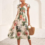 Women’s Midi Dress – Flutter Sleeve V-Neck with Floral Print