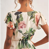 Women’s Midi Dress – Flutter Sleeve V-Neck with Floral Print