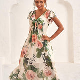 Women’s Midi Dress – Flutter Sleeve V-Neck with Floral Print