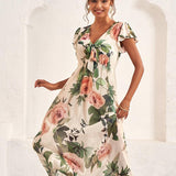 Women’s Midi Dress – Flutter Sleeve V-Neck with Floral Print