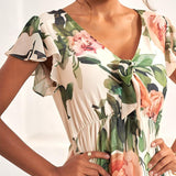 Women’s Midi Dress – Flutter Sleeve V-Neck with Floral Print