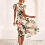 Women’s Midi Dress – Flutter Sleeve V-Neck with Floral Print