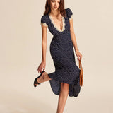 Women’s Navy Polka Dot Midi Dress – Vintage Lace Trim Deep V-Neck