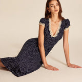 Women’s Navy Polka Dot Midi Dress – Vintage Lace Trim Deep V-Neck